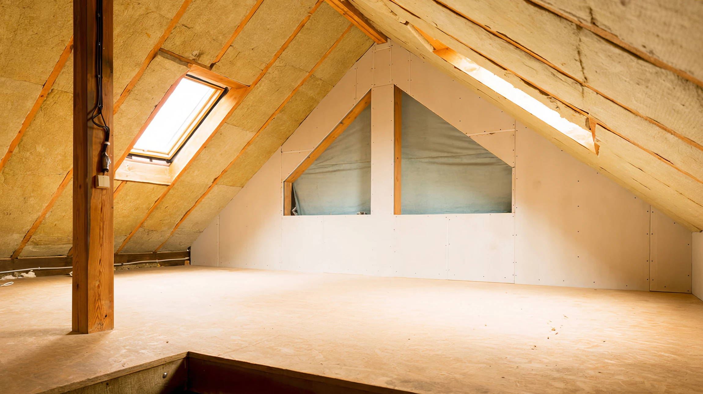 Worker in protective goggles and respirator insulating rock wool insulation in wooden frame for future house walls for cold barrier