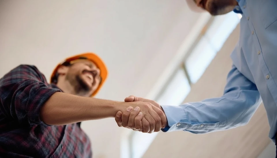 Artisan exp&eacute;riment&eacute; en costume de travail ou tenue professionnelle se tenant debout dans un int&eacute;rieur r&eacute;sidentiel en cours de r&eacute;novation, regardant des plans ou des documents de chantier, entour&eacute; d'&eacute;l&eacute;ments de second &oelig;uvre (rev&ecirc;tements muraux partiellement pos&eacute;s, outils de pl&acirc;trerie, mat&eacute;riaux d'isolation visibles). La sc&egrave;ne doit transmettre l'autorit&eacute;, la comp&eacute;tence et le contr&ocirc;le global du chantier par une seule personne. Arri&egrave;re-plan montrant une salle ou un salon en r&eacute;novation avec diff&eacute;rents types de travaux en cours.